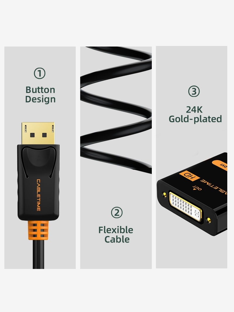 كابل تايم كابل محول CABLETIME من DisplayPort إلى DVI، يدعم الصوت والفيديو بدقة 1920×1200 و1080 بكسل، غلاف من مادة PVC سوداء - Image 1